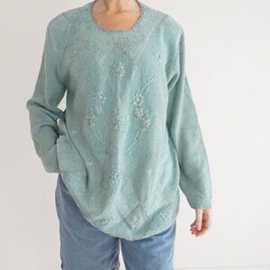 Vintage Koret Mint Floral Beaded Textured Knit Scallop Cottagecore Sweater L